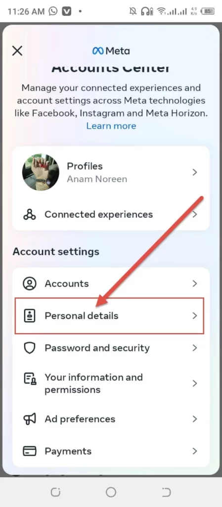 Click on Personal details option