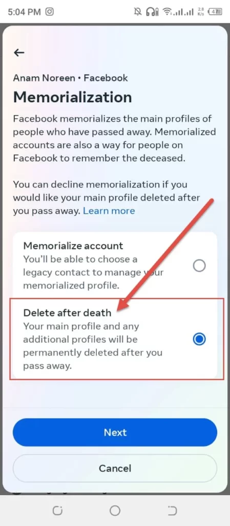 Select delete after death option jpg