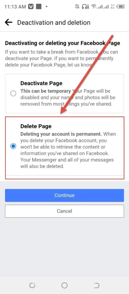 Select the page delete option