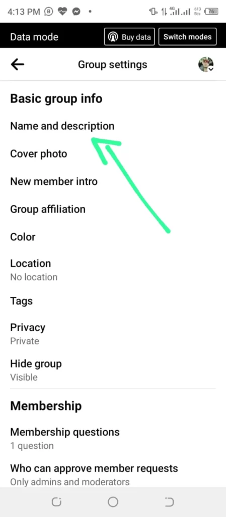 Click on change name and group description option from the menu